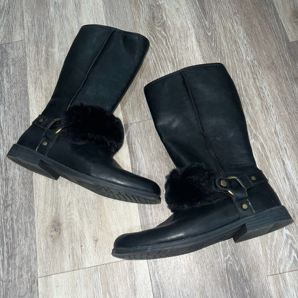 UGG Black Leather Mid Thigh Boots Size 6 Fur Buckle
